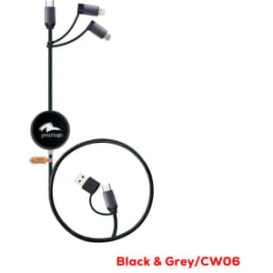 A black and grey fast charge and data sync LED cable with multiple connectors and a circular holder.