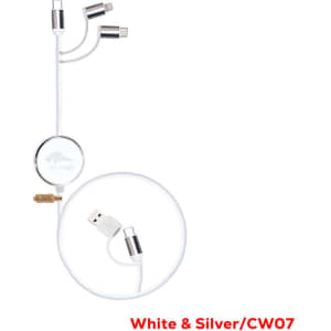 A white and silver charging cable with multiple connectors and a retractable design. Includes a USB plug.