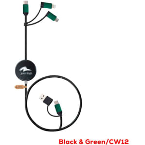A black and green LED charging cable with multiple connectors for fast charging and data sync, featuring a circular design.