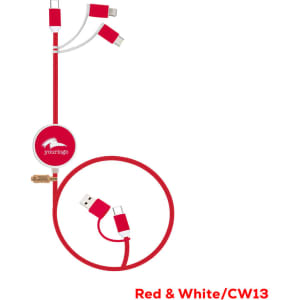 A red and white charging cable with multiple connectors for fast charging and data sync, featuring a round retractable design.