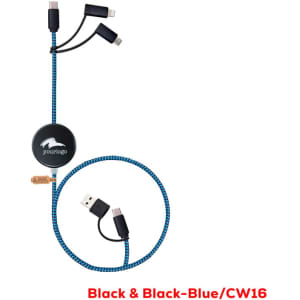 A braided charging cable in black and blue, featuring multiple connectors for fast charging and data sync.