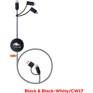 A retractable charging cable in black and white, with multiple connectors and a logo on the main body.