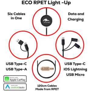A collection of six charging cables in black, featuring USB Type-A, USB Type-C, iOS Lightning, and USB Micro options.