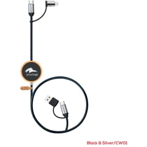A black and silver charging cable with a retractable design and multiple connectors. It features a logo on a circular section.