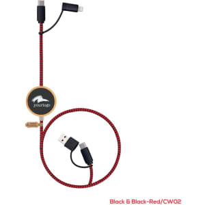 A black and red charging cable with USB, Micro USB, and Lightning connectors, featuring a logo.
