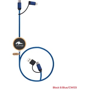 A charging cable in black and blue, featuring a round branding area and connectors for various devices.