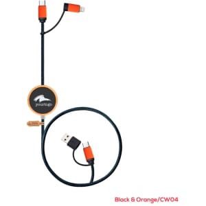 A black and orange LED charging and data sync cable with multiple connectors, featuring a logo.