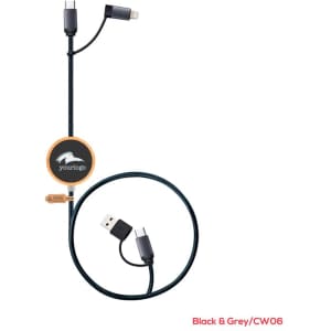 A black and grey charging cable with a round logo, featuring USB, Lightning, and micro USB connectors.