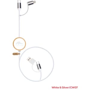 A white and silver charging cable with USB and Lightning connectors, featuring a round logo.