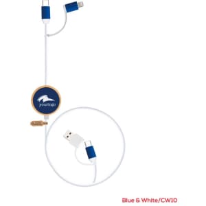 A blue and white fast charge and data sync LED cable with a retractable design and a logo.