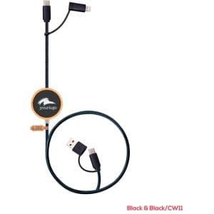 A retractable charging cable in black, featuring a logo and multiple connection types for fast charging and data sync.