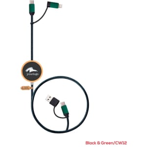 A black and green LED charging cable with a retractable design and multiple connectors for devices. It features a logo.