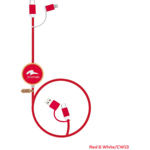 A red and white charging and data sync LED cable with connectors for multiple devices and a branded circular section.