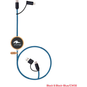 A black and blue braided charging cable with connectors for multiple devices and a circular branding logo.
