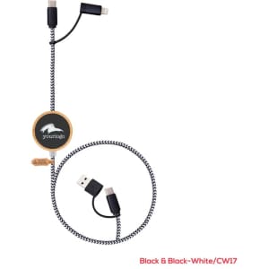 A black and white charging cable with a retractable design and multiple connectors, featuring a logo.