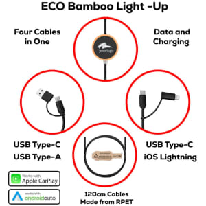 A USB charging cable in black with multiple connectors, featuring a bamboo light-up section and a branding logo.