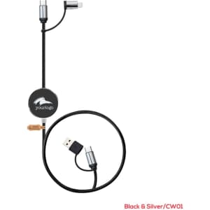 A retractable charging cable in black and silver, featuring USB and micro USB connectors, with a logo on the body.