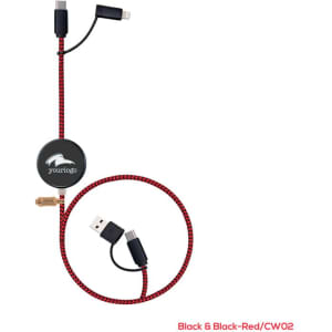 A black and red braided charging cable with USB and multiple device connectors, featuring a circular branding area.