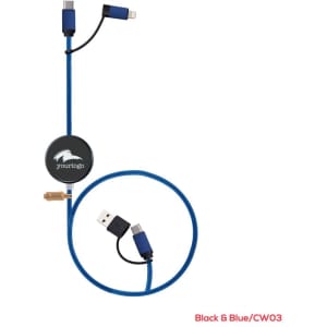A blue and black fast charge and data sync LED cable with multiple connectors and a logo.