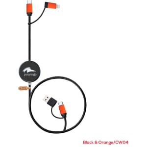 A black and orange charging and data sync LED cable with multiple connectors and a circular design. Features a logo.
