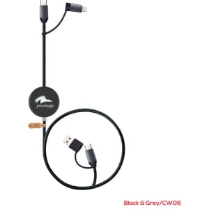 A black and grey retractable charging cable with multiple connectors and a logo on the hub.