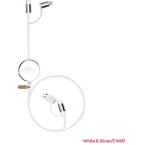 A retractable charging cable in white and silver, featuring USB and Lightning connectors, with a logo visible.