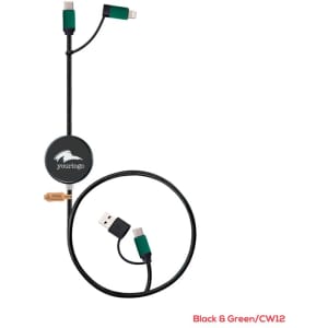 A black and green charging cable with connectors for USB and two types of mobile devices, featuring a circular logo.