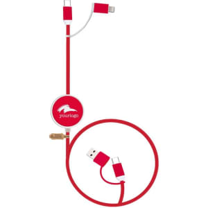 A red LED charging cable with multiple connectors, featuring a round logo.