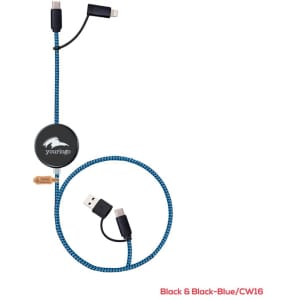 A black and blue braided charging and data sync cable with a retractable design and a logo.