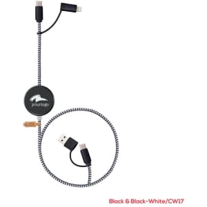 A black and white retractable LED charging cable with multiple connectors and a logo.