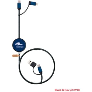 A retractable charging cable in black and navy with a circular logo on one end and multiple connectors.