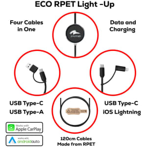 A collection of four charging cables in one, featuring USB Type-C, USB A, and iOS Lightning options. Includes a logo.