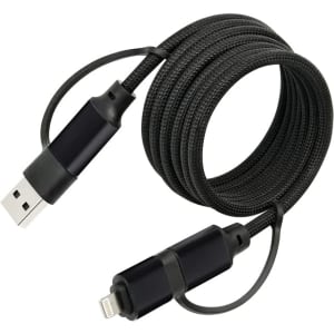 A black braided charging cable with USB and Lightning connectors, featuring a branding logo.