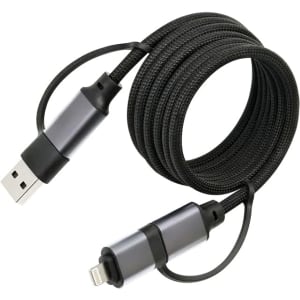 A fast charging data cable in black with grey accents, featuring USB and Lightning connectors.