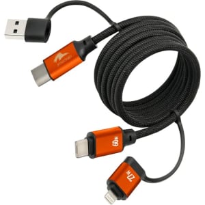 A coiled, black charging cable featuring orange connectors for USB, USB-C, and Lightning devices. It has a branded logo.