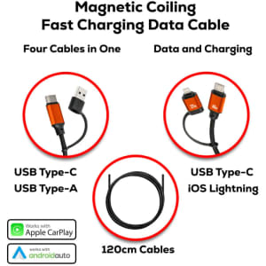 A magnetic coiling fast charging data cable in orange and black, featuring four cables in one for USB Type-C and iOS Lightning.