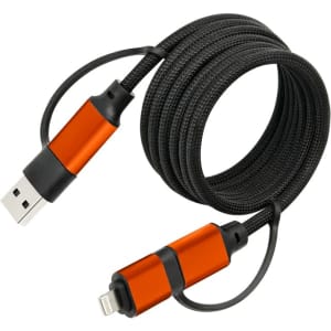 A black braided charging data cable with orange accents, featuring USB and Lightning connectors on either end.