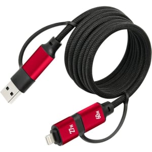 A black and red coiled charging data cable with USB and Lightning connectors, featuring a brand logo.