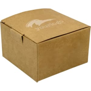 A brown cardboard box with a logo on the surface, featuring a simple, rectangular design.