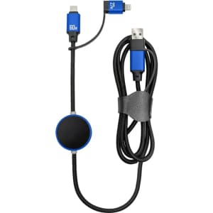 A fast charging data cable in blue and black, featuring interchangeable connectors and a circular connector housing.