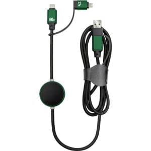 A green and black data cable with multiple connectors and a round charging attachment. It features a logo.