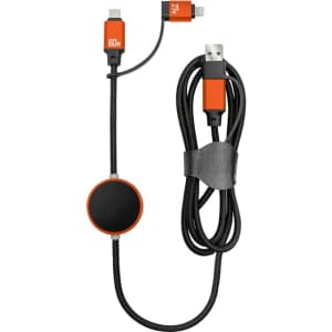 A fast charging data cable in black with orange accents, featuring multiple connector types and a circular switch.