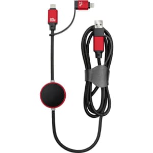 A red and black fast charging data cable with a circular switch and multiple connector ends, featuring a branding logo.