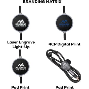 A promotional data cable with a black and grey design, featuring a logo and multiple branding options.