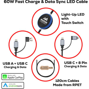 A fast charging data cable featuring a light-up LED, USB A, USB C, and 8-pin connectors, in black.