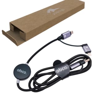 A data cable in black and grey with a protective case, featuring a logo. The cable supports fast charging and data transfer.