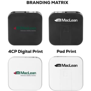 A retractable fast charge cable and stand in black and white, featuring a branding logo on each.