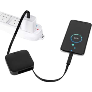 Avola retractable fast charge cable in black, connecting to a smartphone displaying a charging status.