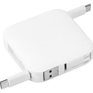 A white retractable fast charge cable with two connectors, featuring a compact, square design and a branding logo.
