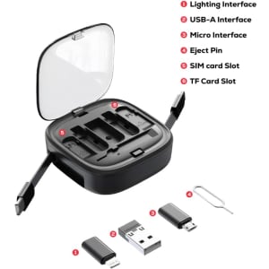 A black, retractable cable set featuring multiple interfaces including Lighting, USB-A, and micro, with slots for SIM and TF cards.
